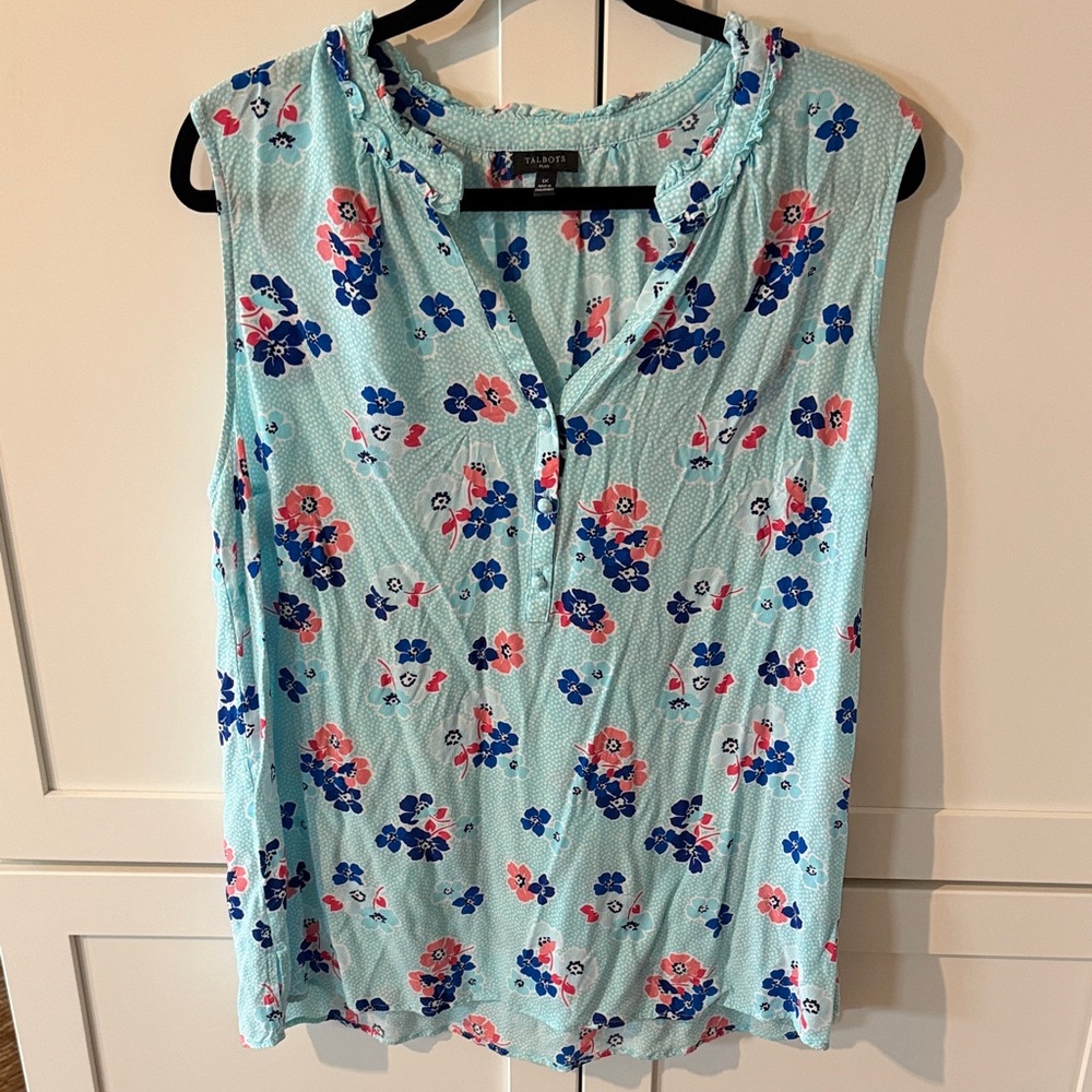 Talbots Mint Floral Sleeveless Shell with Pink and Blue Blooms